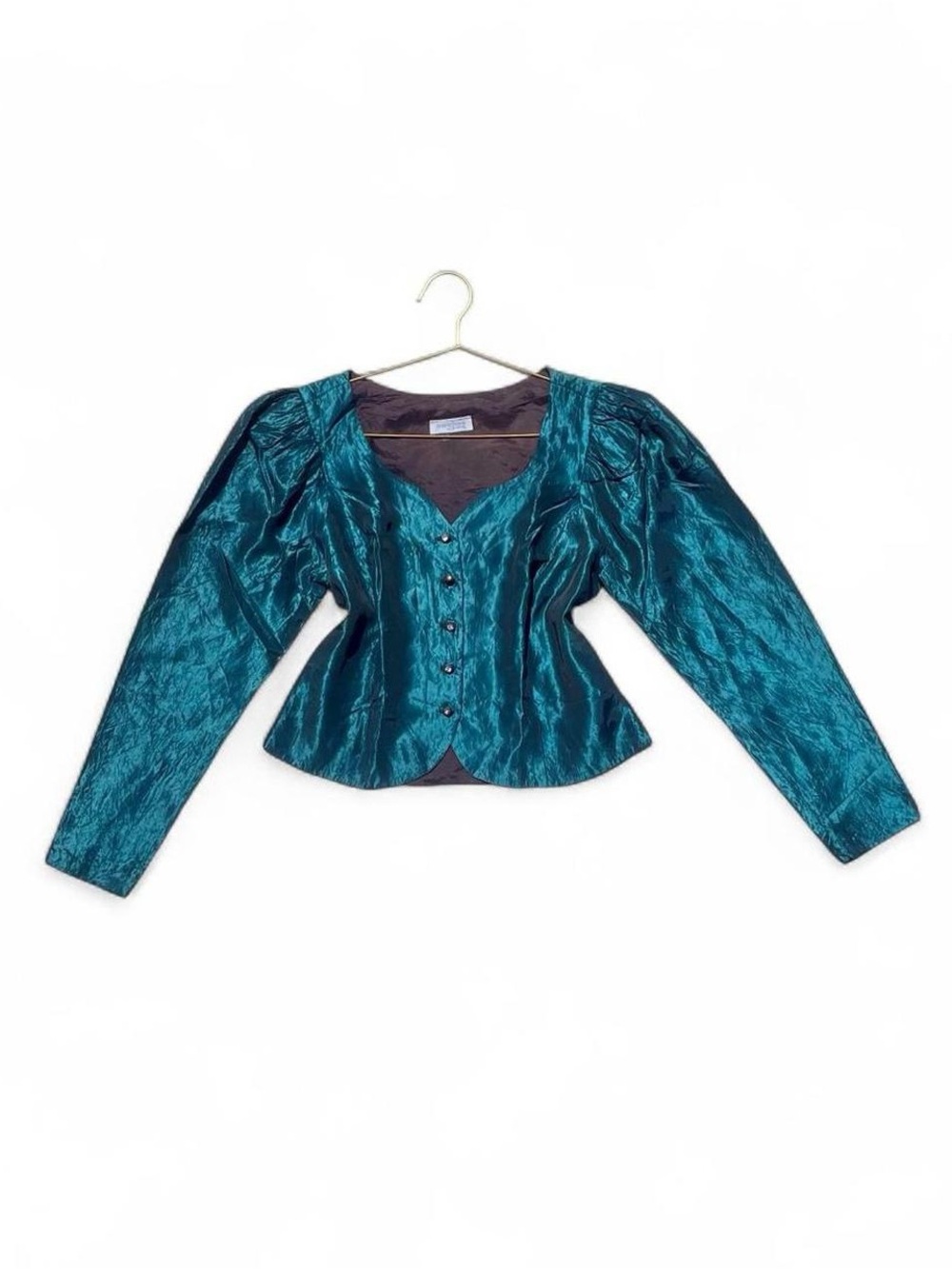 Vintage 80s Gidding Jenny Teal Iridescent Puff Sleeve Peplum Blouse